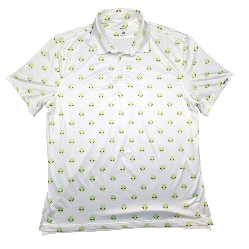 Alien Golf Mens XL White Lime‎ Green Alien Head Print Performance Polo Shirt